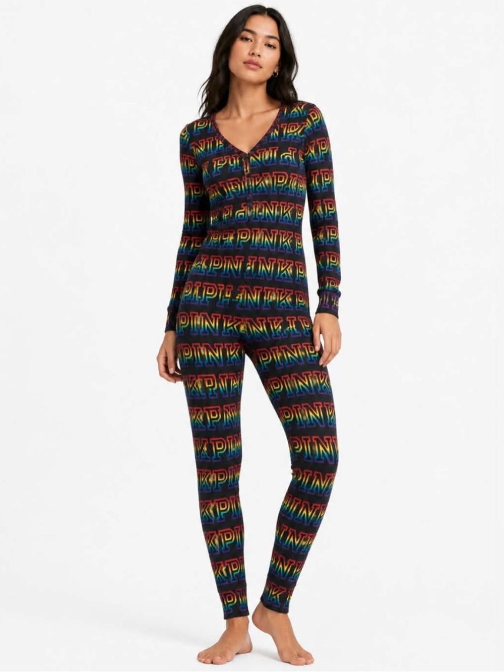 PINK Victoria’s Secret Rainbow Logo Waffle Onesie Pajamas – Size Small GUC